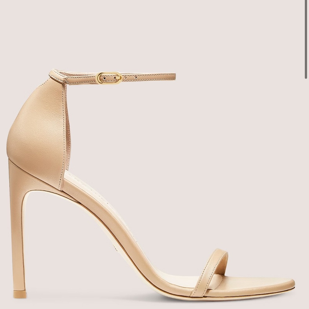 Stuart Weitzman Nudistsong Strap Sandal Heels in Leather/Adobe Beige